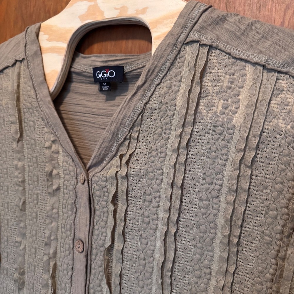 Lace Ruffle Textured Button‎ Front Long Sleeve Top Tan M Earthy Lagenlook Fairy - Picture 8 of 8